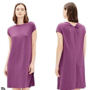NWOT EILEEN FISHER CAP SLEEVE CURAN BATEAU NECK DRESS XS Purple 2 Pocket